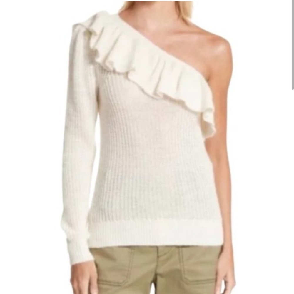 NEW! Rebecca Taylor One Shoulder Sweater Alpaca Wool Blend Ruffle Cream Large
